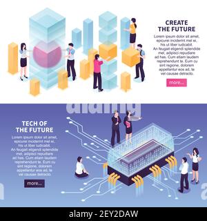 Isometric set of colorful horizontal banners with people and high technologies of future 3d isolated vector illustration Stock Vector