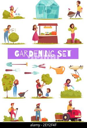 Gardening set of cartoon icons farmers with work tools and equipment during various activity isolated vector illustration Stock Vector