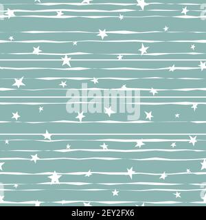 Seamless abstract pattern with little shabby stars and lines on powder blue background. Vector striped illustration. Magic sky. Stardust background. C Stock Vector
