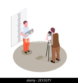 Prison jail isometric composition with taking front view mug shot police photograph of arrested criminal vector illustration Stock Vector