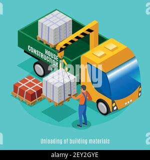 House construction design concept  illustrated unloading of building materials with crane isometric vector illustration Stock Vector