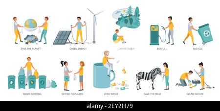 Set of Ecology concepts, flat design vector illustration close-up Stock Vector