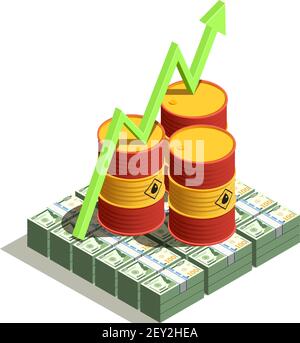 Oil petroleum industry production benefits isometric composition with dollar banknotes and barrel value growth arrow vector illustration Stock Vector