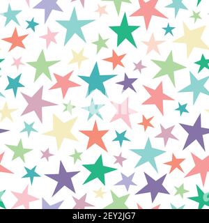 Seamless abstract pattern with bright colorful hand drawn shabby stars of different size on white background. Vector fireworks illustration. Cosmos te Stock Vector