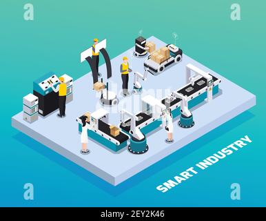 Isometric smart industry colored composition with production and packaging at smart factory vector illustration Stock Vector