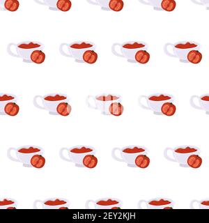 Cartoon seamless pattern for paper design with sauceboat with ketchup and sliced tomato. Colorful background. Stock Vector