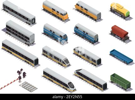 Railway train isometric elements set with electric locomotive open freight wagon and passenger car isometric vector illustration Stock Vector