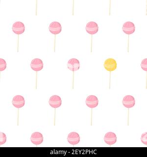 Cartoon seamless pattern for paper design with pink lollipop candy. Colorful background. Eye catching element - yellow candy. Stock Vector