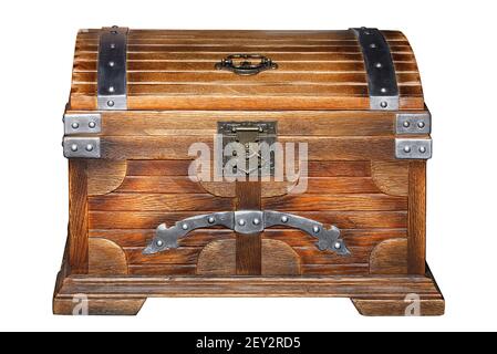 Wooden oak chest with metal locks in decorative design in the old style, isolated on white background. Stock Photo