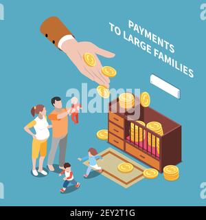 Social security unemployment benefits unconditional income isometric composition with human hand sharing coins with long family vector illustration Stock Vector