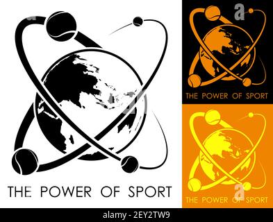 tennis balls revolve around planet earth in form of atom. Power and energy of sport. Sport competition emblem. Vector Stock Vector