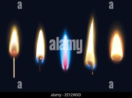 Set of realistic burning flames of matches candles and lighter isolated on black background vector illustration Stock Vector