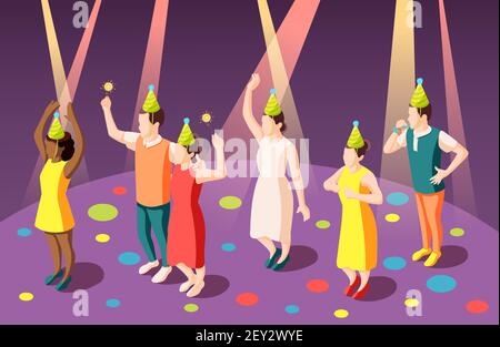 Birthday party isometric composition with funny people in clown hats in spotlights vector illustration Stock Vector