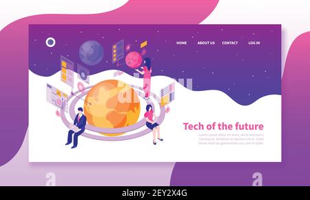 Isometric horizontal banner with people using future technologies on colorful background 3d vector illustration Stock Vector