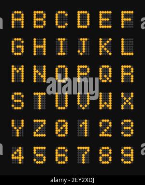 Yellow electronic capital letters of alphabet on black airport board realistic composition and numbers vector illustration Stock Vector