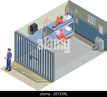 Locked jail cell for two inmates with prisoners in uniform and security guard isometric composition vector illustration Stock Vector