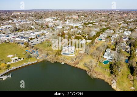 aerial view of Agawam park, Agawam Lake and southampton village Stock Photo