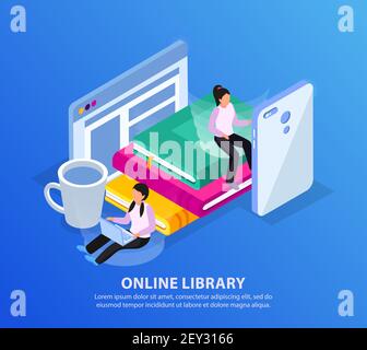 Online library isometric background with human characters electronic gadgets and pile of books with editable text vector illustration Stock Vector