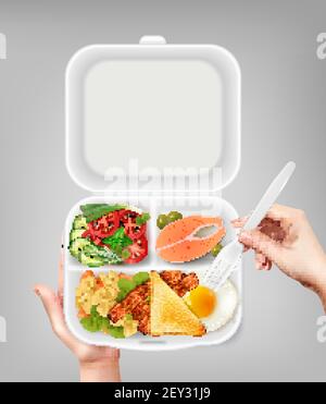 Opened disposable plastic lunchbox with salmon salad bacon egg and hand holding fork realistic composition vector illustration Stock Vector