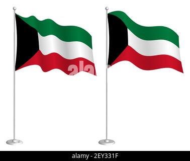 Kuwait flag on flagpole waving in wind. Holiday design element. Checkpoint for map symbols. Isolated vector on white background Stock Vector