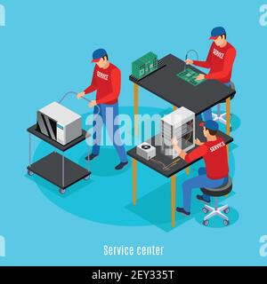 Service centre isometric background with view of people performing repairs of computer equipment and consumer electronics vector illustration Stock Vector