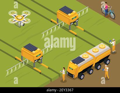 Agricultural automated robots fertilizing and spraying pesticides on crops with monitoring area drone isometric composition vector illustration Stock Vector