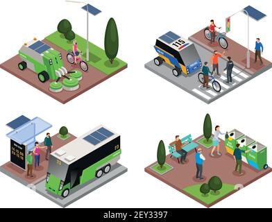 Smart urban ecology isometric 4x1 set of four compositions with electric vehicles refuse bins and people vector illustration Stock Vector