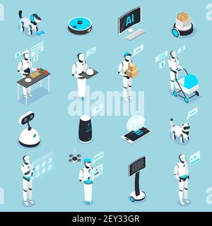Home robot isometric icons collection with service care animal household digital touch screen controlled assistants vector illustration Stock Vector