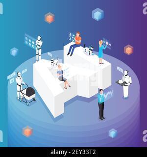 Artificial intelligence in humanoid robots symbolic isometric composition with home helper personal assistant baby sitter vector illustration Stock Vector