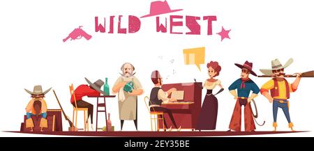 Wild west saloon background composition with cartoon style human characters thought bubbles and decorative text vector illustration Stock Vector