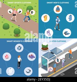 Wearable technology smart clothes isometric 2x2 design concept with human characters text and circle pictogram icons vector illustration Stock Vector