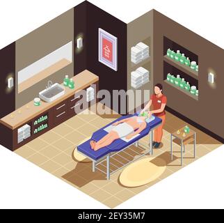 Spa beauty salon isometric composition with woman laying on bed with mask for face vector illustration Stock Vector