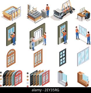 Pvc windows production isometric icons with workers during design manufacturing transportation and installation isolated vector illustration Stock Vector