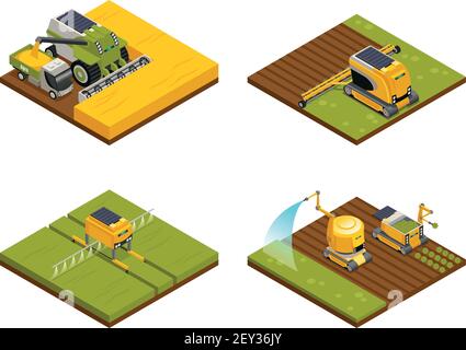 Agricultural robots concept 4 isometric compositions with hoeing plowing planting  watering fertilizing and harvesting machinery vector illustration Stock Vector