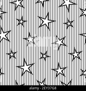 Seamless abstract pattern with little sharp black stars and lines on white background. Vector striped illustration. Magic sky. Stardust background. Bl Stock Vector