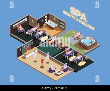 Spa center isometric composition with customers and staff various wellness services on blue background vector illustration Stock Vector