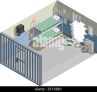 Jail detention facility interior isometric composition with prisoners ...