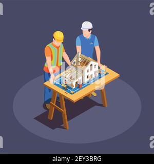 Architect and foreman with house construction project on wooden desk isometric composition on dark background vector illustration Stock Vector