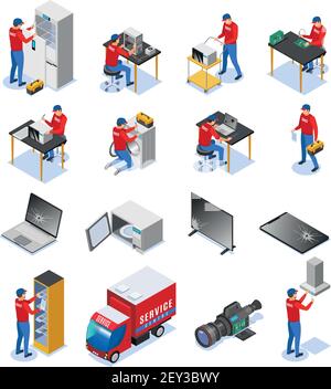 Computer tablets audio electronics devices household and business appliances repair service center isometric icons set vector illustration Stock Vector
