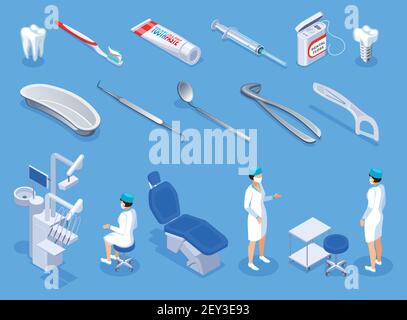 Dentist isometric icons set of stomatology  equipment hygiene items implant and teeth isolated vector illustration Stock Vector