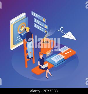 Digital devices interfaces people interactions systems isometric background composition with smartphone touchscreen task schedule messaging vector ill Stock Vector