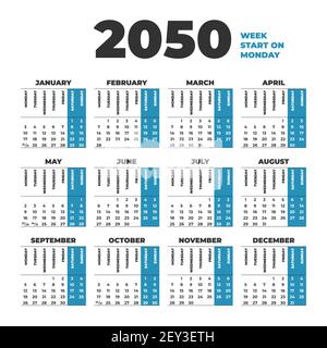 2050 Calendar template with weeks start on Sunday Stock Vector Image ...