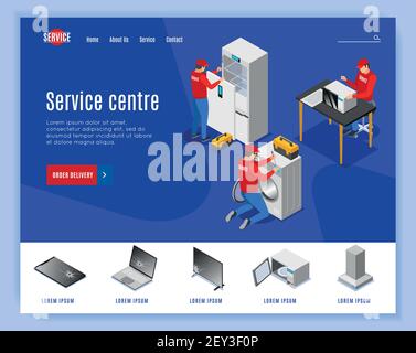 Service centre isometric landing page website design with editable text clickable links and images of items vector illustration Stock Vector