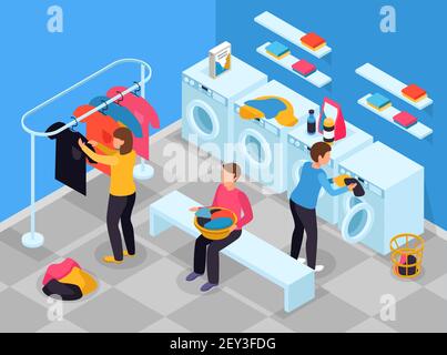 Laundry room isometric composition with indoor view of laundry room with washing machines detergents and people vector illustration Stock Vector