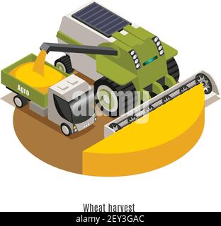 Wheat harvesting machinery with automated  agricultural robotic combine thresher  isometric round composition against white background vector illustra Stock Vector