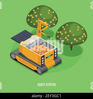 Agricultural harvesting robots isometric  composition with automated robotic arm machinery picking fruits from trees background vector illustration Stock Vector