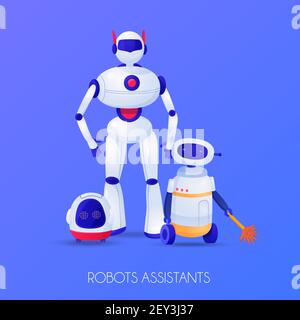 Robots assistants of various shape for different purposes on violet background vector illustration Stock Vector