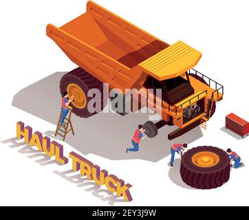 Construction workers with tools during repair of haul truck wheels isometric composition on white background vector illustration Stock Vector
