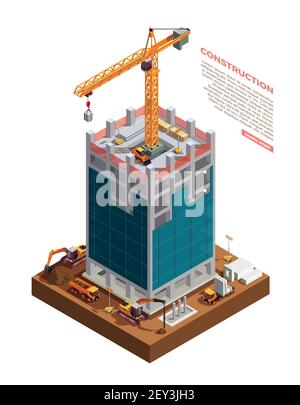 Construction equipment on building site of sky scraper from concrete and glass isometric composition vector illustration Stock Vector