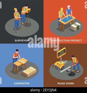 Builders isometric design concept with construction project surveyor and carpenter road works isolated vector illustration Stock Vector